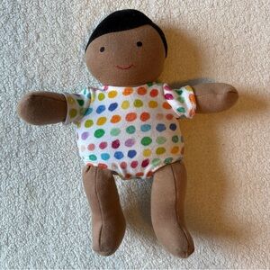 LOVEvery Soft Baby Doll, Brown Skin. Organic Cotton, Rainbow Polka Dot Onesie
